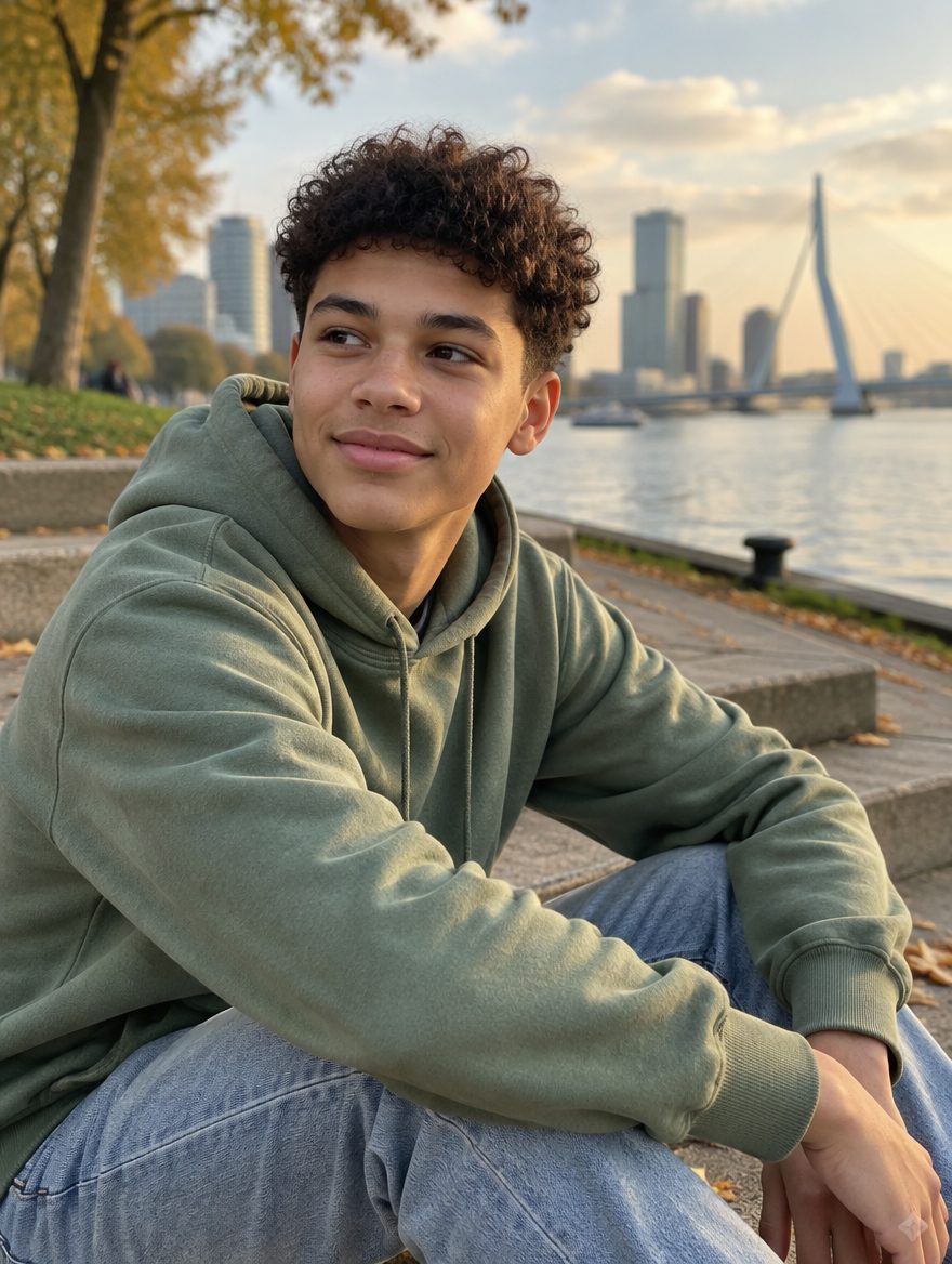 Jongere zit ontspannen aan de Maas met de Erasmusbrug op de achtergrond