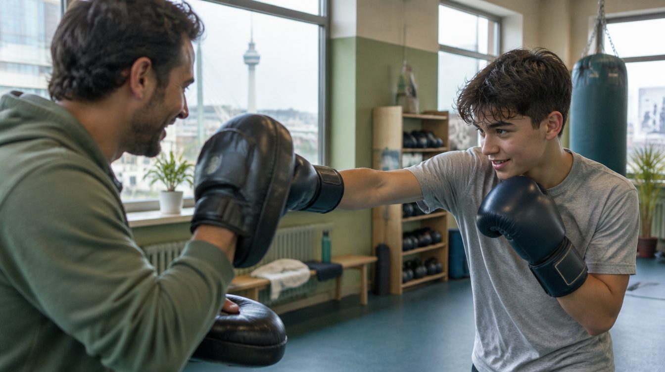 Sportcoach met bokspads en een jongere die geconcentreerd slaat