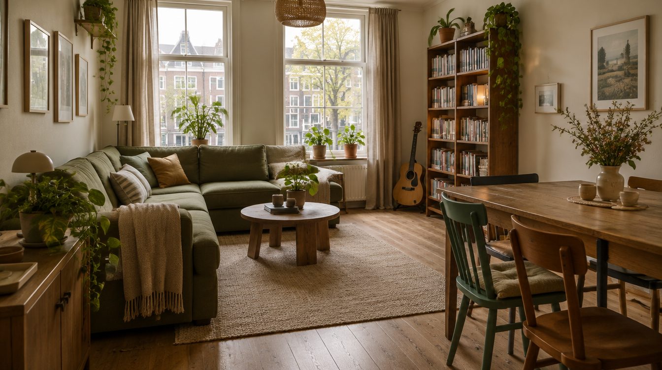Huiselijke woonkamer met groene bank, houten tafel, boekenkast en gitaar